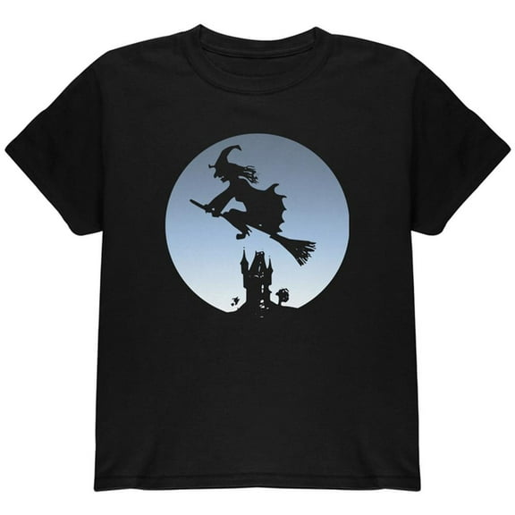 Halloween Witch Riding Broomstick Full Moon Youth T Shirt Black YSM