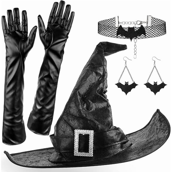 Halloween Costume Witch Set Halloween Costume Cosplay Accessory with Witch Hat, Necklaces, Earrings, Gloves for Women Adult