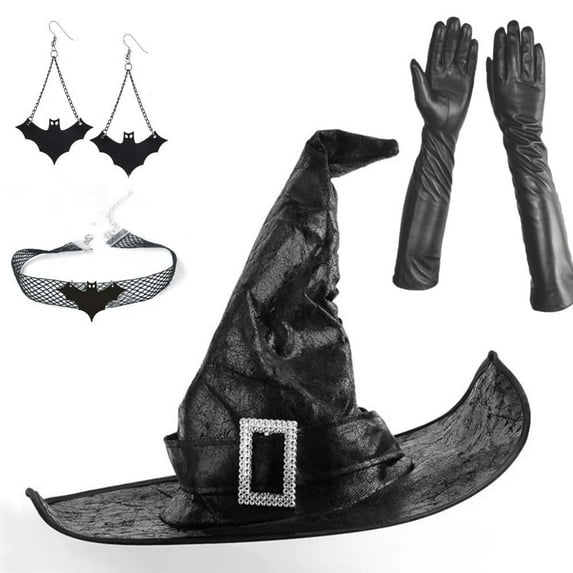 Halloween Costume Witch Set Halloween Wizard Costume Cosplay Accessory with Witch Hat, Necklaces, Earrings, Gloves for Women Adult