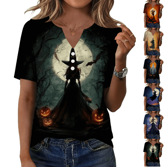 Halloween Witch Shirt Women V Neck T Shirt Funny Graphic Tee Tops Black M