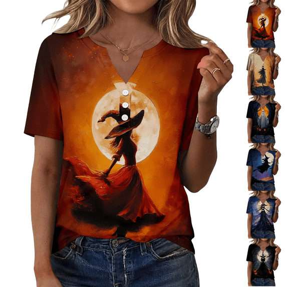 Halloween Witch Shirt Women V Neck T Shirt Funny Graphic Tee Tops Orange XL