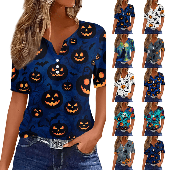 Halloween Witch Shirts Women Fall T-Shirts Cute Autumn Graphic Tees Funny Tops Royal Blue L