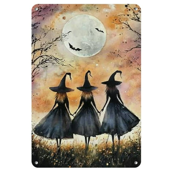 Halloween Witch Silhouette Metal Wall Art - Reusable, Pre-Drilled 8x12" Decor for Home & Bar, Full Moon Design, Frameless