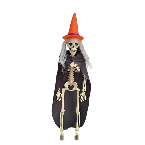 Halloween Witch Skeleton Decor 16 Inch, Full Body Posable Joints Hanging Skeletons for Halloween Decor, Graveyard Props, Haunted House Accessories, Spooky Scene Party Favors