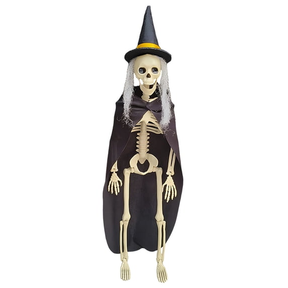 Halloween Witch Skeleton Decor 16 Inch, Full Body Posable Joints Hanging Skeletons for Halloween Decor, Graveyard Props, Haunted House Accessories, Spooky Scene Party Favors