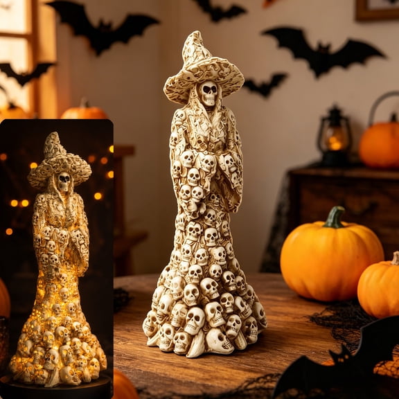 Halloween Witch Skull Ornament, White Skeleton Witch Figurine Tabletop Decoration, Spooky Skull Figurine for Desk Shelf Mantel Party Home Decor, Halloween Holiday Ornament Gift