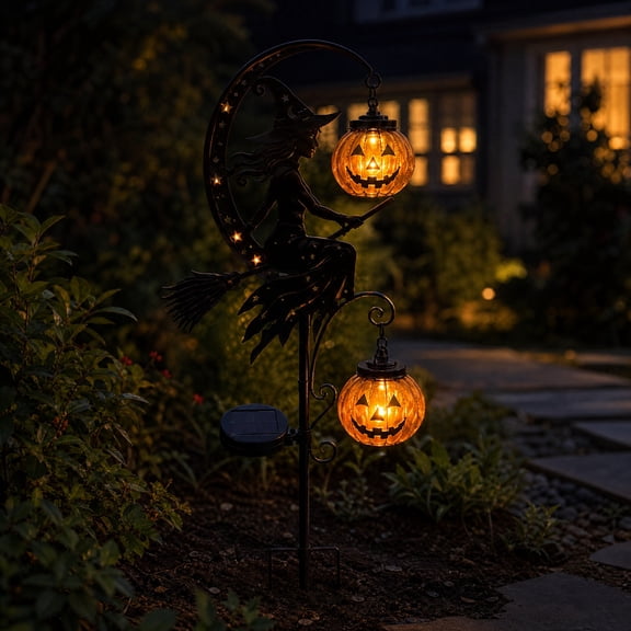 Halloween Witch Solar Garden Stake Light, Metal Silhouette Outdoor Yard Art, 39.4 Inch Weather-Resistant Solar Powered Lawn Ornament with Auto On/Off for Front Yard Pathway Patio Decor