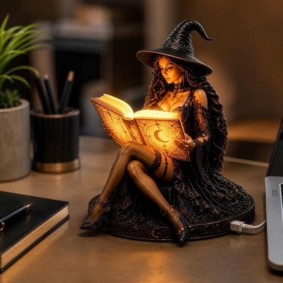 Halloween Witch Spell Book Night Light, Resin USB Powered Desk Ornament with Warm LED, Gothic Home Decor for Shelf Mantel Table