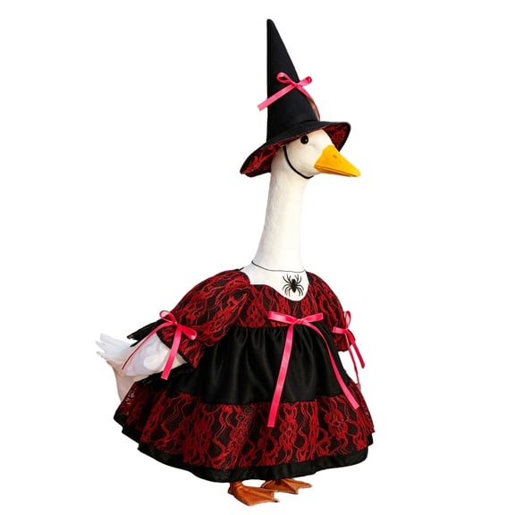 Halloween Witch Spider 23 Inch Porch Goose Outfit 2 Piece Set with Pointed Hat and Lace Puff Sleeve Dress for Lawn Goose Statues Fall Front Porch Holiday Decor