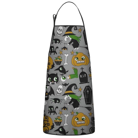 Halloween Witch Spooky Icons Pattern Apron-Garden Aprons for Women with Pockets-Cotton Linen Waterproof Kitchen Cooking Gardening Aprons Adjustable for Kitchen,Cooking,BBQ and Salon 33"x27"