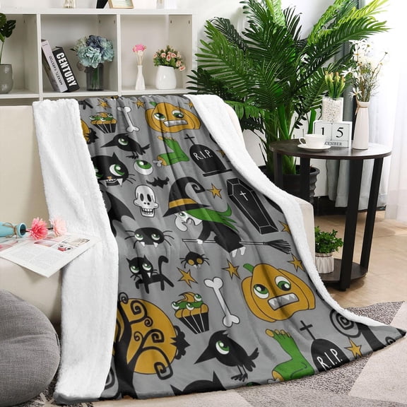 Halloween Witch Spooky Icons Pattern Blanket,Comfortable Soft Flannel Throw Blanket,All Season,Warm Lightweight Blankets for Sofa Bed Couch Living Room Chair,60"x80"