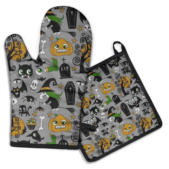 Halloween Witch Spooky Icons Pattern Kitchen Oven Mitt and Pot Holder Sets 2 Pcs for Baking, Cooking and Grilling, Heat Resistant Up To 392 °F