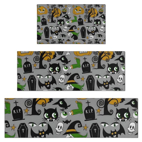 Halloween Witch Spooky Icons Pattern Kitchen Rugs Sets Of 3,Kitchen Runner Rugs Non Skid Washable,Decorative Kitchen Floor Mats for Kitchen,Sink,Laundry,17"x30"+ 17"x47" + 17"x59"