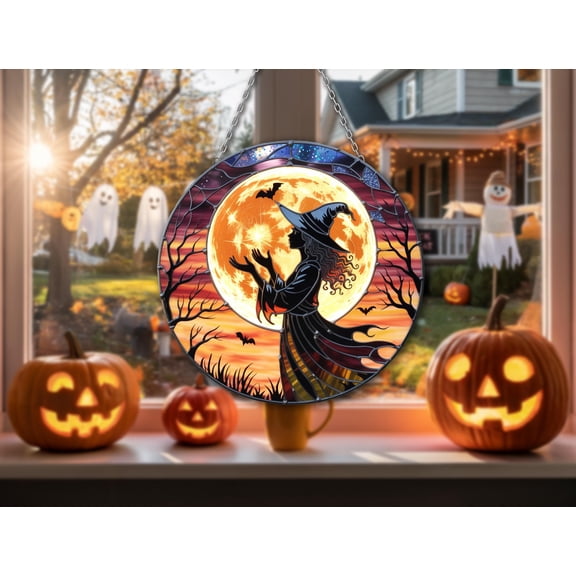 Halloween Witch Stained Glass Suncatcher – Full Moon & Bats Gothic Window Panel – Spooky Fall Decor