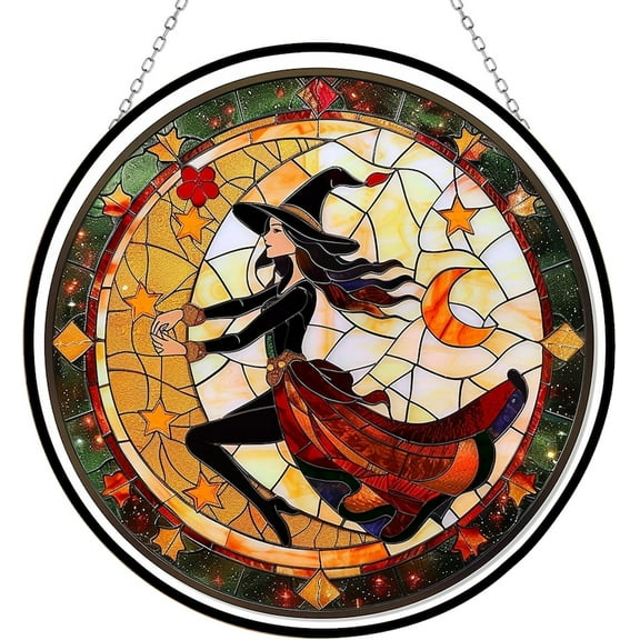 Halloween Witch Stained Glass Window Panel Crescent Decor, Witchy Gothic Suncatcher, Fall Fantasy Window Hanging