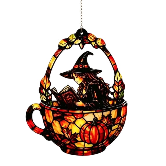 Halloween Witch Suncatcher Ornament,Stained‑Glass Style Teacup Witch Hanging Window Decorative for Window Porch Holiday Accent