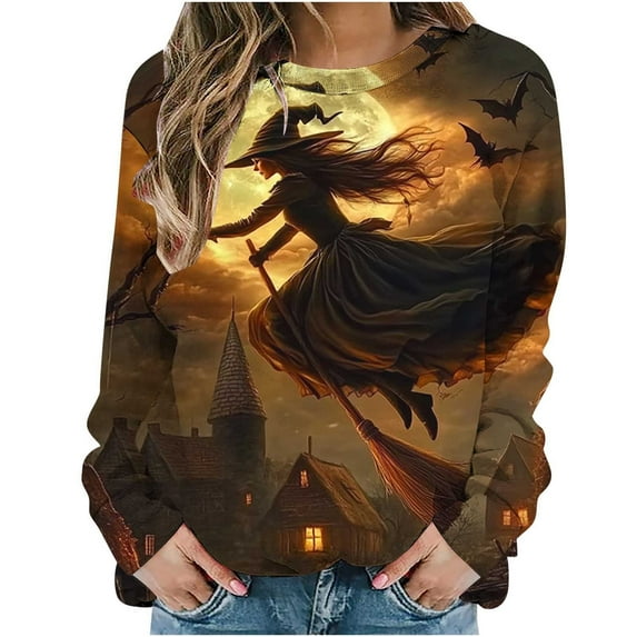 Halloween Witch Sweatshirt for Women Long Sleeve Pullover Fall Graphic Top Spooky Costume Hoodie