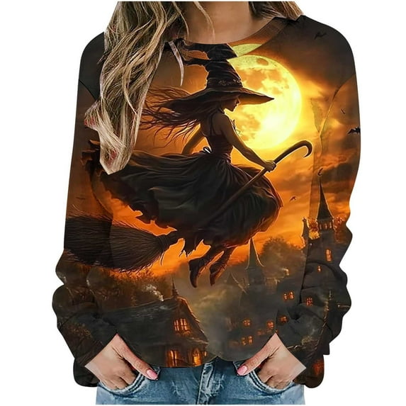Halloween Witch Sweatshirt for Women Long Sleeve Pullover Fall Graphic Top Spooky Costume Hoodie