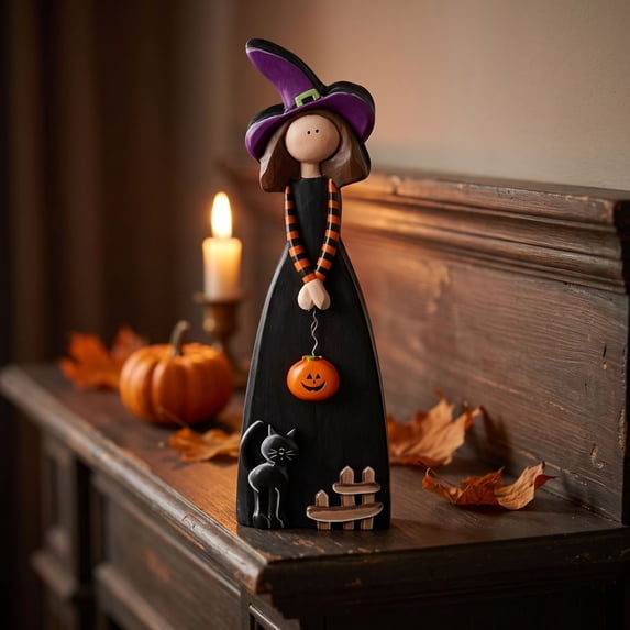 Halloween Witch Table Decorations, Cute Wooden Centerpiece, Farmhouse Witch Figures with Broomstick Pumpkin Black Cat Ghost for Indoor, Fireplace, Mantel, Home
