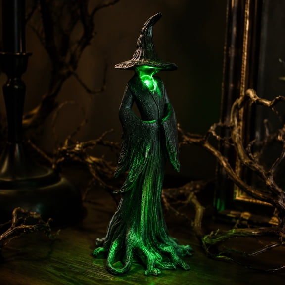 Halloween Witch Tabletop Statue, 12" Black Resin Gothic Light Up Faceless Witch Figurine with Green Accent, Vintage Desktop Ornament for Mantel, Shelf & Entryway Display