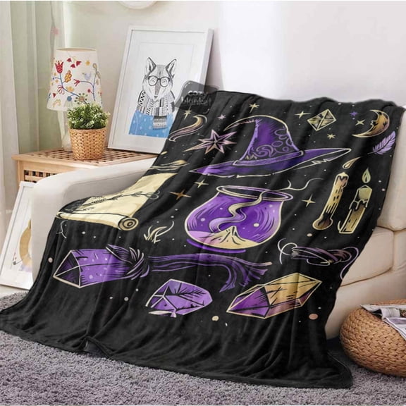 Halloween Witch Theme Blanket - Plush Fleece Purple & Black Magic Throw with Witches, Bats, Cauldrons & Design - Soft Cozy Bedspread for Couch, Bed, Parties - Lightweight Warm All-Season Decor (280gs