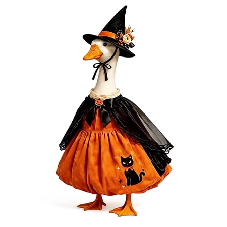 Halloween Witch Themed Dress And Hat Set For 19 To 23 Inch Porch Goose Statue Fall Yard Decor With Black Cat And Pumpkin Motifs