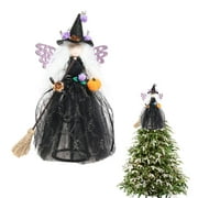 Halloween Witch Tree Topper Decoration, Crashing Witch into Tree Halloween Decoration, Black Witch with Spider Web Dress, Witch Hat and Witch Broom Halloween Ornament for Home Decor