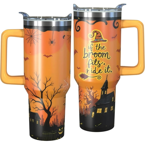 Halloween Witch Tumbler with Quote, 40oz Orange Spooky Cup with Handle & Straw, If the Broom Fits Ride It Fall Drinkware