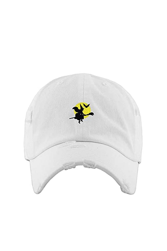 Halloween Witch Vintage Baseball Cap Embroidered Cotton Adjustable Distressed Dad Hat White
