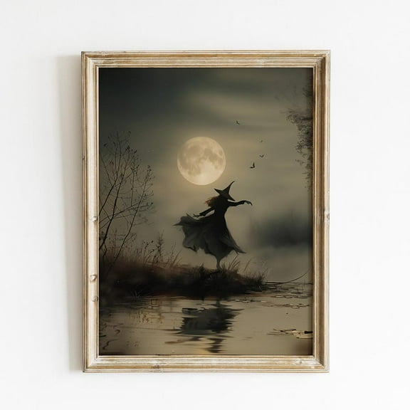 Halloween Witch Wall Art Print, Witchy Decor, Printable Vintage Style Rustic Witch Dancing Under Full Moon, Matte Canvas Stretched, Posters & Art Prints, Gift.