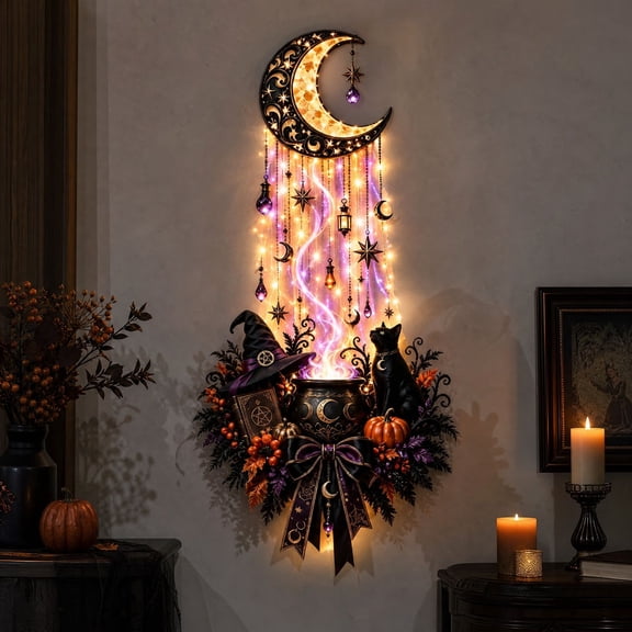 Halloween Witch Wall Hanging Decor, Light Up Moonlit Brew Sign, Glowing Spell Book Ornament for Home Party Door Window Decoration Indoor Outdoor