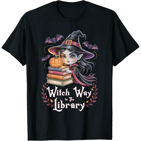 Halloween Witch Way To The Library Librarian Book Bookworm Holiday T-Shirt, Size S-5XL