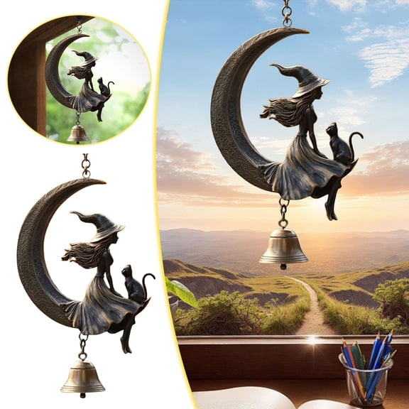 Halloween Witch Wind Chime Resin Moon Witch Hanging Bell For Halloween Indoor Outdoor Decor(Black-18Cm)
