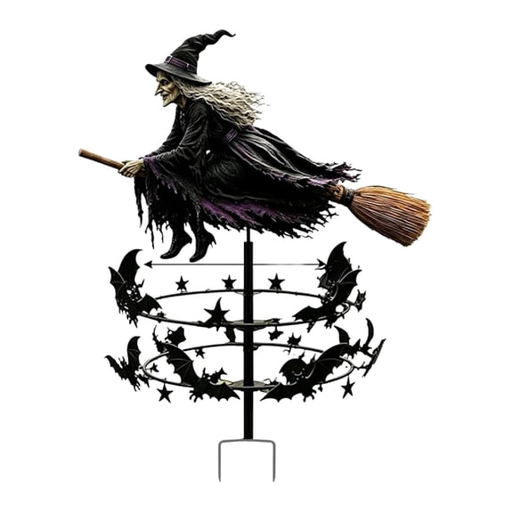 Halloween Witch Wind Spinner Yard Stake, Flat Style Metal Garden Sign and Lawn Decor for Outdoor Yard and Holiday Parties