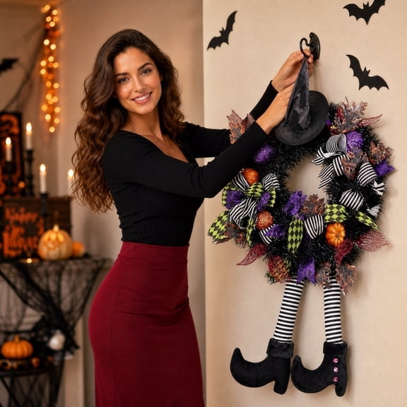 Halloween Witch Wreath For Front Door Decor Black Witch Hat Leg Artificial Fall Wreath With Pumpkin Bowknot 25.6x17.6 Inches