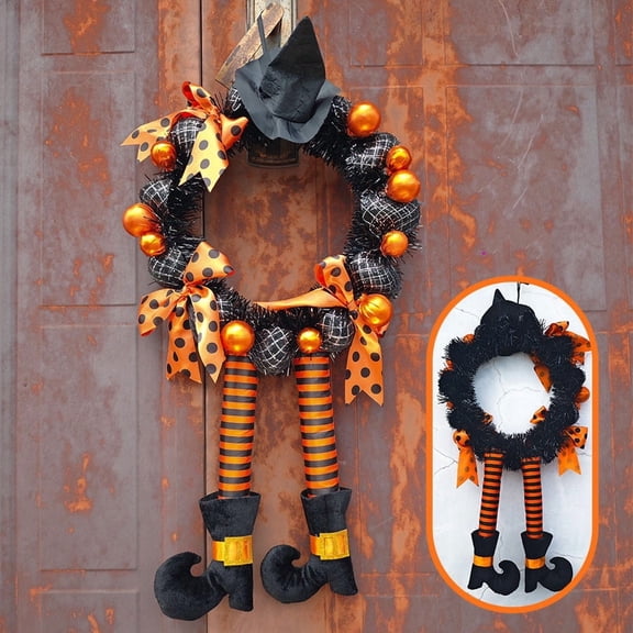 Halloween Witch Wreath, Multicolor Plastic Front Door Decor, Witch Hat and Legs Wreath for Porch Wall Party Display