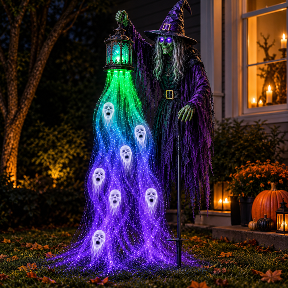 Halloween Witch Yard Stake, Light Up Ghost Decoration with Lantern and Green and Purple Lights for Lawn Pathway, 23.6 in
