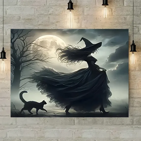 Halloween Witch and Black Cat Canvas Wall Art with Full Moon Framed Canvas Print Spooky Haunted House Seasonal Wall Décor for Living Room Bedroom