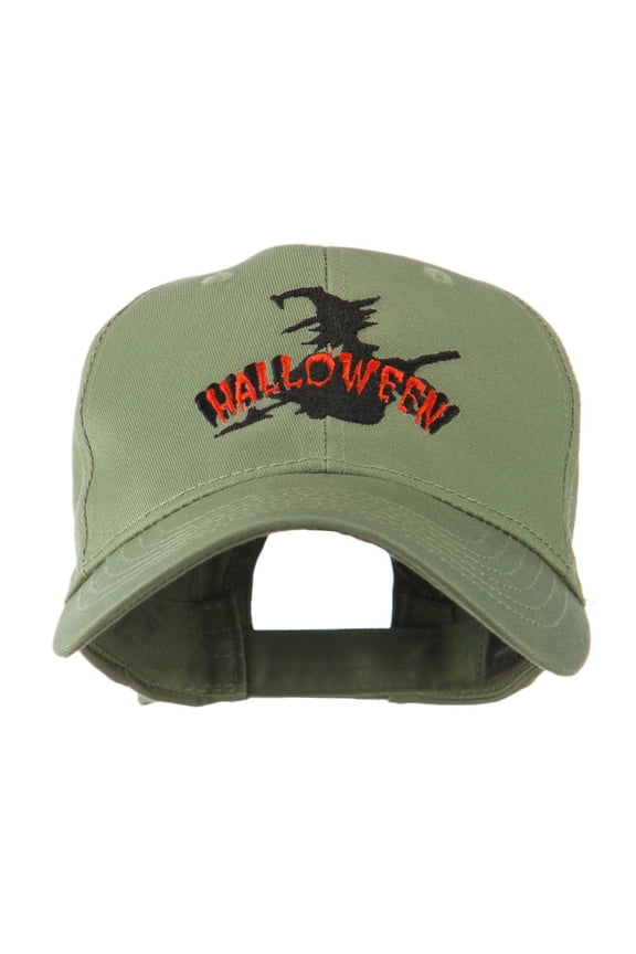 Halloween Witch in Flight Embroidered Cap - Olive OSFM