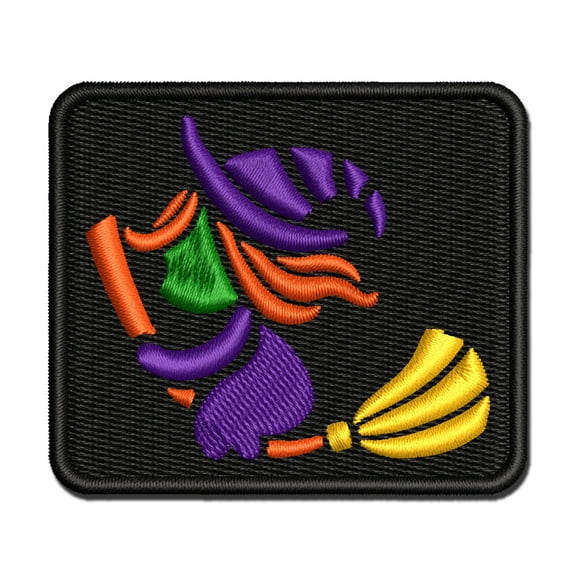 Halloween Witch on Broomstick Applique Multi-Color Embroidered Iron-On Patch - 2.0 Inch Mini