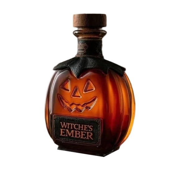 Halloween Witchs Ember Pumpkin Whiskey Bottle - 3D Carved Jack-o'-Lantern Glass Decanter with Cap, Limited Edition Spirit Container & Haunted Bar Decor (5.91 Inch)