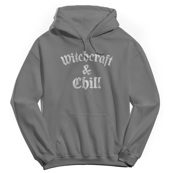 Halloween Witchcraft And Chill Graphic Charcoal Heather Men's Cotton Pullover Hoodie