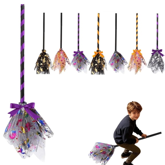 Halloween Witches Broom, Halloween Witch Decoration Props with Colorful Ribbons, Witch Costume Accessories for Party