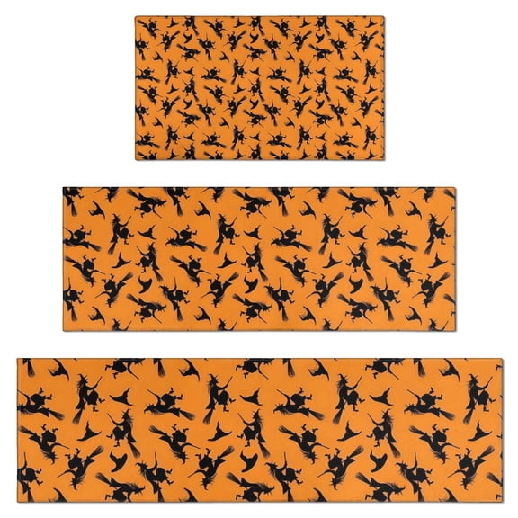 Halloween Witches on Brooms Pattern Kitchen Rugs Sets Of 3,Kitchen Runner Rugs Non Skid Washable,Decorative Kitchen Floor Mats for Kitchen,Sink,Laundry,17"x30"+ 17"x47" + 17"x59"