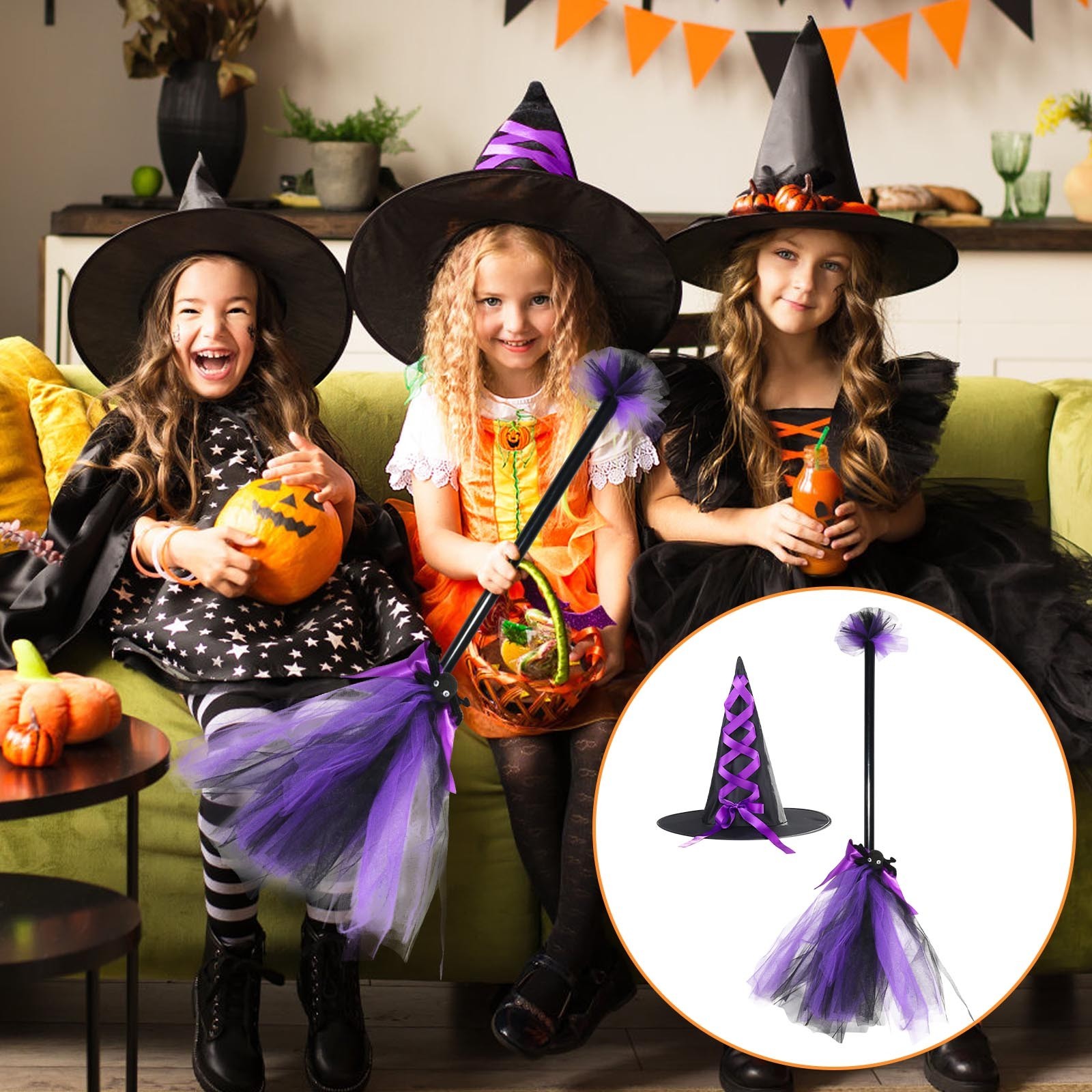Halloween Witches Broomstick, Halloween Broom Decor with Hat, Plastic