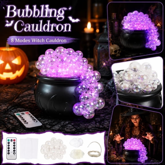 Halloween Witches Cauldron Decorations, DIY Bubbling Large Cauldron Bowl Set with Clear Plastic Balls and String Light for Halloween Hocus Pocus Party Indoor Outdoor Decor