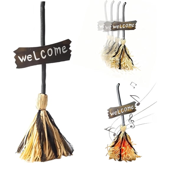 Halloween Witches Decor, Witches Broom Halloween Decor, Animated Floating Broomstick for Spooky Sounds, Haunted Party Decorations, Light-up Dancing Magic Witch Broom Porch Decor