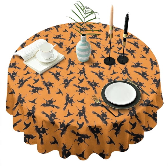 Halloween Witches on Brooms Pattern Round Tablecloth 60"x60",Wrinkle Wipeable Table Cloth for Kitchen Dining Room Picnic Patio Party