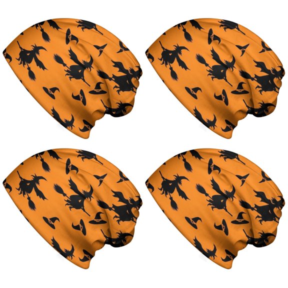 Halloween Witches on Brooms Pattern Slouchy Beanie Unisex 4 Pack,Soft and Flexible,Chemo Headwear Sleep,Dual Use,Cap Scarf