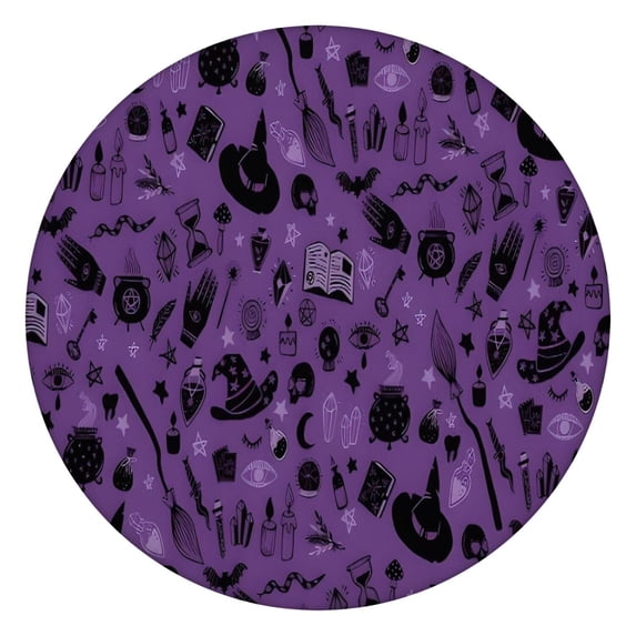 Halloween Witchy Elements Pattern Round Fitted Tablecloth with Elastic Edge,Dining Table Cover Waterproof,Outdoor Round Tablecloth for Camping,Dining,Indoor and Outdoor